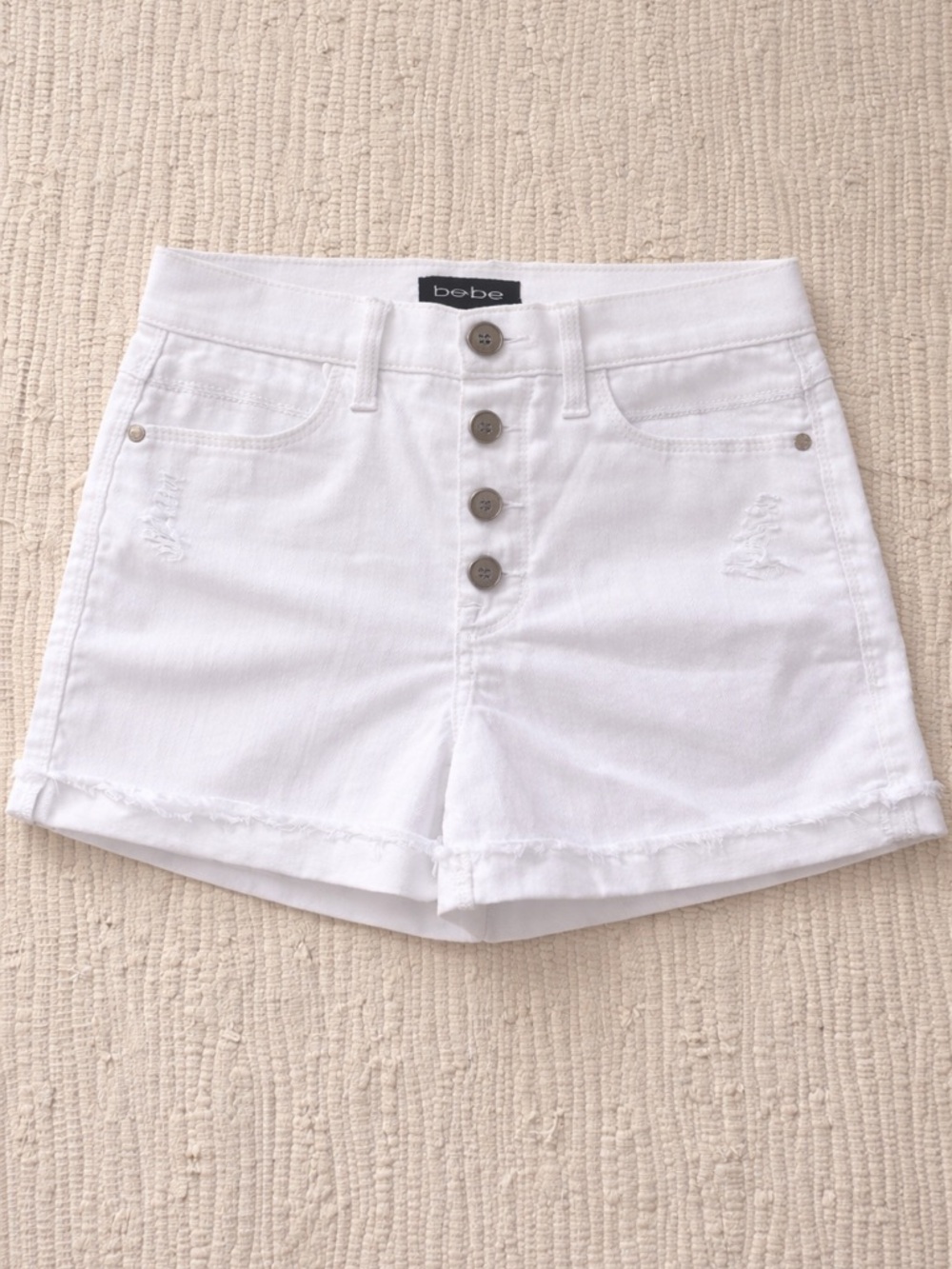 Bebe White Denim Shorts Button Fly Distressed Frayed Hem Size 26 Y2K